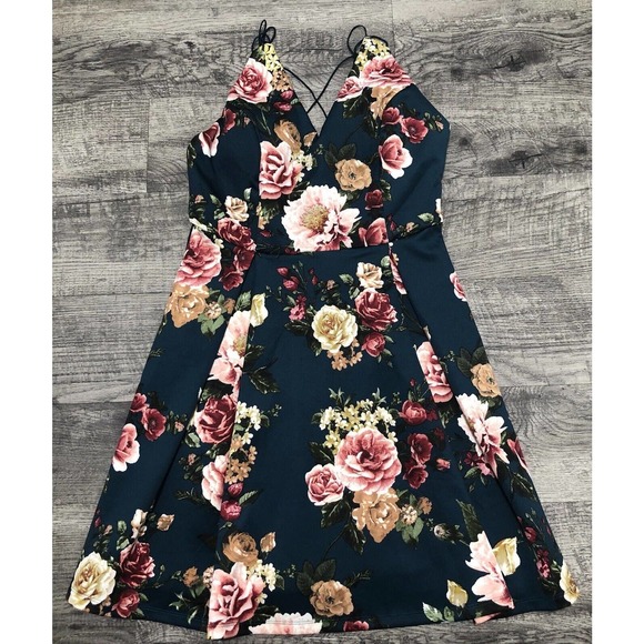 Fifty Street Green Pink Sz L Floral Dress Sleeveless Skater Mini Flare Small C52 - Picture 2 of 7